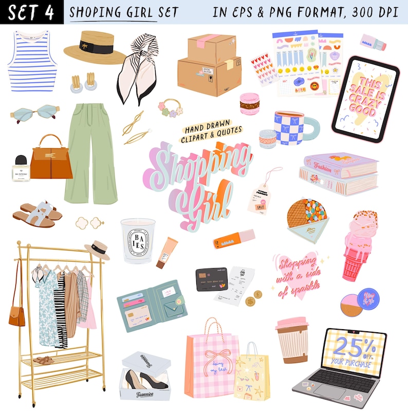 Op de afbeelding: Een digitale illustratieset getiteld "SHOPING GIRL SET" met verschillende mode- en winkelartikelen. Bevat kleding, accessoires, boodschappentassen, een laptop met "25% KORTING OP UW AANKOOP" en de tekst "DEZE VERKOOP IS GEK GOED".