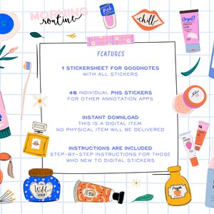 Op de afbeelding: Een digitale stickerblad voor Goodnotes met 46 individuele PNG-stickers voor andere annotatie-apps. De stickers bevatten een verscheidenheid aan schoonheidsproducten, waaronder een roze tube tandpasta, een flesje parfum, een potje gezichtscr&egrave;me, een tube lipgloss, een flesje gezichtsreiniger en een flesje perzik-lotion. De stickers zijn ontworpen in een heldere en kleurrijke stijl met een rasterachtergrond.