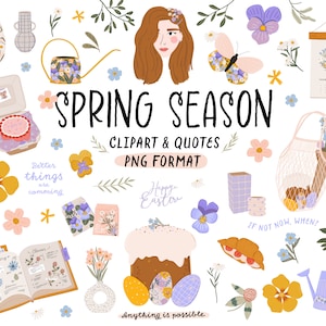 Lente digitale clipart en citaten Pasen clipart Bloemen mode meisje Seizoensbloemen vlinder ei taart boek Planner stickers Downloads, png
