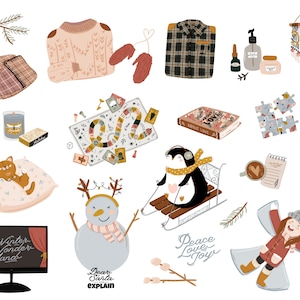 May include: A collection of winter-themed illustrations, including a snowman, a penguin on a sled, a cat curled up on a pillow, a plaid shirt, a knitted sweater, a guitar, a candle, a book with the text "About Love", a game board, a framed sign with the text "Winter Wonderland", a framed sign with the text "Peace Love Joy", a girl making a snow angel, and a branch with white berries.