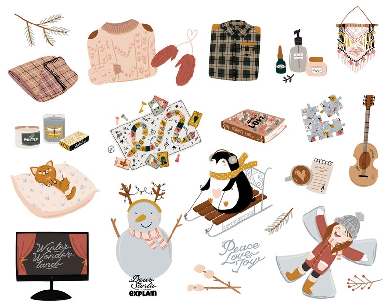 May include: A collection of winter-themed illustrations, including a snowman, a penguin on a sled, a cat curled up on a pillow, a plaid shirt, a knitted sweater, a guitar, a candle, a book with the text "About Love", a game board, a framed sign with the text "Winter Wonderland", a framed sign with the text "Peace Love Joy", a girl making a snow angel, and a branch with white berries.