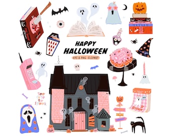 Paquete de imágenes prediseñadas de Halloween pastel, pegatinas kawaii espeluznantes, estilo retro de los 90, casa fantasma, calabaza, bruja, gato negro, PNG digital de Halloween.