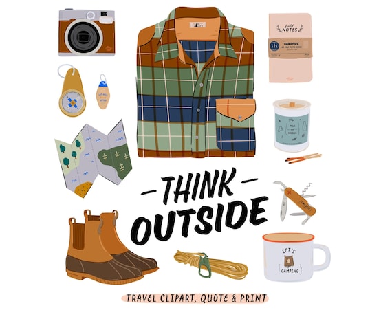 Travel Clipart Camping Clipart Digital Summer Travel Essentials Map Boots CandleCamera Cup Travel Outfit Outdoor Think Outside Quote Png