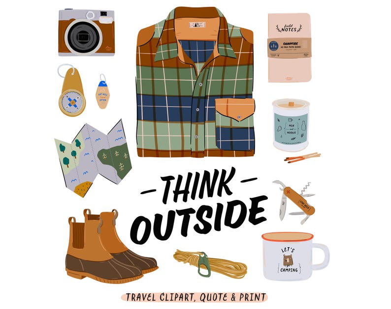 May include: A digital illustration of camping and outdoor adventure themed clipart. The illustration includes a plaid shirt, a compass, a map, a camera, a mug, a candle, a knife, a roll of rope, and the text "Think Outside".