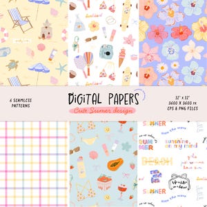 Puede incluir: Seis patrones de papel digital sin costuras con un diseño de verano. Los patrones incluyen escenas de playa, arreglos florales y texto con temática de verano. La imagen incluye el texto "Digital Papers" y "Cute Summer Design".