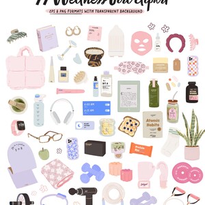 Clipart de chica de bienestar, paquete PNG de autocuidado, hábitos saludables, fitness, atención plena, gimnasio, cuidado de la piel, vitaminas, rutina diaria, citas, descarga digital imagen 4