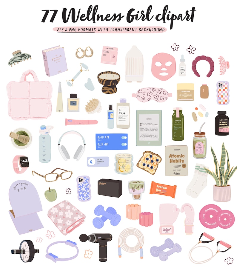 Clipart de chica de bienestar, paquete PNG de autocuidado, hábitos saludables, fitness, atención plena, gimnasio, cuidado de la piel, vitaminas, rutina diaria, citas, descarga digital imagen 4