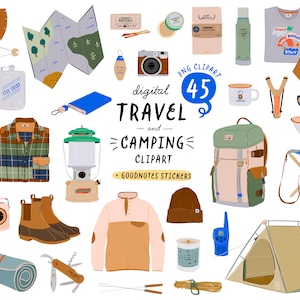 Digitale clipart voor reizen en kamperen, GoodNotes-stickers voor zomerreizen, Travel Essentials, illustratie outdooravontuur plannerstickers, png