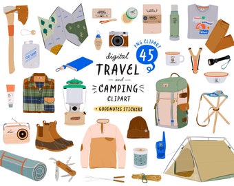 Travel and Camping digital Clipart, Summer travel GoodNotes stickers, Travel Essentials, Outdoor adventure illustration Planner stickers PNG