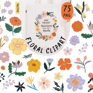 Clipart numérique de fleurs, autocollants floraux, fleurs d'été dessinés à la main des cliparts feuilles, Illustration florale botanique de printemps, sublimation PNG