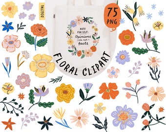 May include: 75 digital floral clipart illustrations in PNG format. The illustrations feature a variety of flowers in different colors, including yellow, orange, pink, blue, and purple. The flowers are arranged in a variety of styles, including simple, whimsical, and realistic. The illustrations are perfect for adding a touch of whimsy to any project.