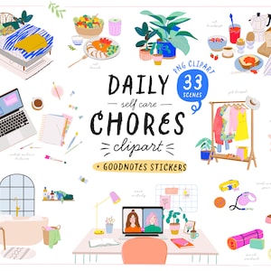毎日のルーチン チェックリスト クリップアート、GoodNotes ステッカー、セルフケア バケット リスト。ライフスタイルの毎日の雑用シーン。デジタル プランナー ステッカー PNG