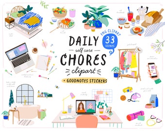 May include: A set of 33 illustrated scenes depicting daily chores and self-care activities. The illustrations are colorful and feature a variety of activities, including making breakfast, taking a bath, working out, and spending time with a pet. The set also includes Goodnotes stickers.