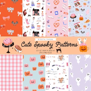 Puede incluir: Una colección de ocho papeles digitales con patrones de Halloween. Los diseños incluyen fantasmas, calabazas, lazos, casas encantadas y dulces. El texto de la imagen dice "Cute Spooky Patterns". Los papeles miden 30.48 cm x 30.48 cm.