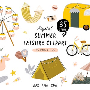 May include: A set of 35 digital clipart illustrations featuring summer leisure activities. The illustrations include a Ferris wheel, a hammock, a camper van, a bicycle, a tent, a beach umbrella, a beach ball, a unicorn float, a paddle ball, and a star. The illustrations are in a bright and colorful style.