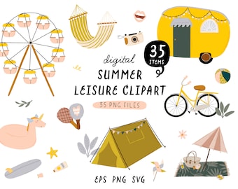 Summer Routine Essentials Clipart, Digital GoodNotes stickers, Summer leisure travel beach picnic camping, Planner Stickers, Sublimation PNG