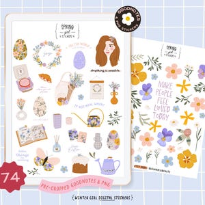 Stickers fille printanière romantique Stickers Pâques. Stickers mignons GoodNotes oeuf de papillon livre fleurs citations autocollants agenda numérique PNG