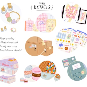 K&ouml;nnte beinhalten: Handgezeichnete Illustrationen mit verschiedenen Elementen. Enth&auml;lt Geschenkt&uuml;ten, Aufkleber, B&uuml;cher, Kartons und ein Tablet mit dem Text "THIS SALE IS CRAZY GOOD". Der Text "SMALL DETAILS" ist ebenfalls sichtbar.