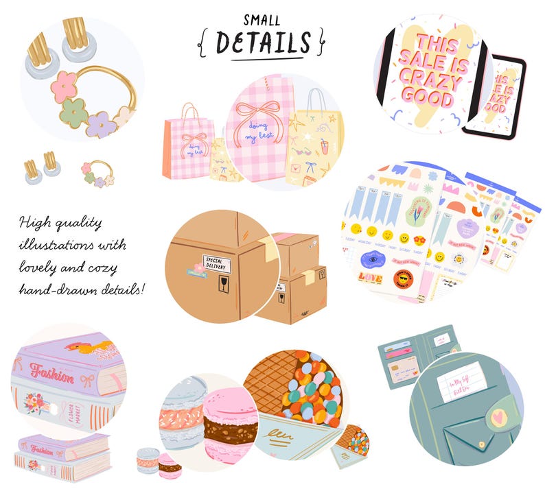 K&ouml;nnte beinhalten: Handgezeichnete Illustrationen mit verschiedenen Elementen. Enth&auml;lt Geschenkt&uuml;ten, Aufkleber, B&uuml;cher, Kartons und ein Tablet mit dem Text "THIS SALE IS CRAZY GOOD". Der Text "SMALL DETAILS" ist ebenfalls sichtbar.