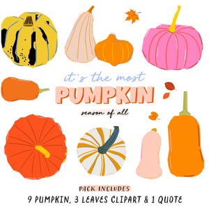 May include: A digital illustration of nine pumpkins in various shapes, sizes, and colors. The pumpkins are surrounded by three green leaves and a quote that reads "it's the most pumpkin season of all".