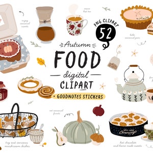 Autumn Food Clipart Bundle: Fall Treats Digital PNG. Harvest Season Pumpkin Pie Tea Sweets GoodNotes Stickers Sublimation Planner clipart