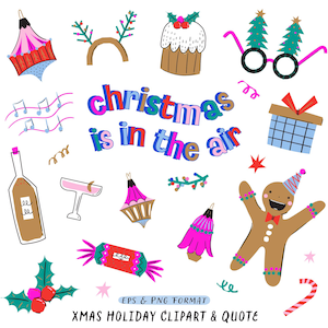 Clipart de Inverno Bonito. Citação de Natal Está No Ar. Clipart Legal de Natal Homens de Gengibre Caixa de Presentes Champanhe Brinquedos Bolo. Adesivo Digital Png