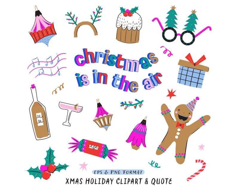 K&ouml;nnte beinhalten: Ein Set mit bunten Weihnachts-Clipart-Illustrationen, darunter ein Lebkuchenmann, ein Weihnachtskuchen, eine Weinflasche, ein Zuckerstange, eine Geschenkbox, ein Weihnachtsbaum, eine Musiknote, eine Glocke, ein Rentiergeweih, eine Brille und ein Weihnachtszitat mit dem Text "Weihnachten liegt in der Luft".
