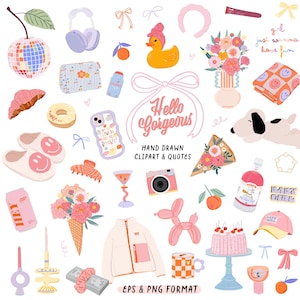 Clipart estetica femminile, elementi con citazioni di ragazze alla moda, pacchetto PNG di una ragazza carina e civettuola, download digitale femminile, pacchetto clipart di una ragazza carina e morbida