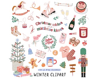 Christmas Holiday Clipart Festive Cute Winter Illustration Christmas Quote Wreath Christmas Tree Gift Nutcracker Trendy Digital Clipart PNG