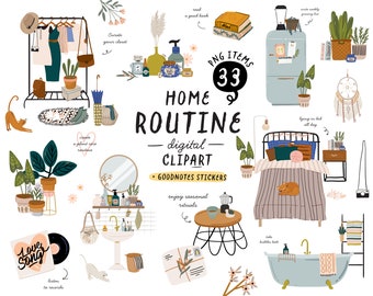 May include: A set of 33 digital clipart illustrations featuring a home routine theme. The illustrations include a bedroom, bathroom, living room, and kitchen scenes. The illustrations are in a modern, minimalist style with a focus on plants, home decor, and self-care.