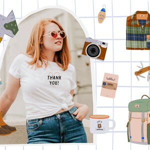 May include: A woman wearing sunglasses, a white t-shirt with the text "THANK YOU!" printed on it, blue jeans, and brown boots. She is standing in front of a white tiled wall with various camping-themed items, including a map, a camera, a plaid shirt, a notebook, a multi-tool, a mug, and a backpack.