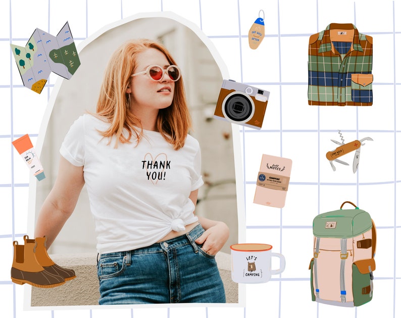 May include: A woman wearing sunglasses, a white t-shirt with the text "THANK YOU!" printed on it, blue jeans, and brown boots. She is standing in front of a white tiled wall with various camping-themed items, including a map, a camera, a plaid shirt, a notebook, a multi-tool, a mug, and a backpack.