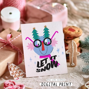 Cartoon-Schneemann-Druck. Lass es schneien. Smiley Comic Figuren. Winter-Party Clipart. Weihnachtszitat. Coole Weihnachts Clipart. Digitaler Aufkleber png