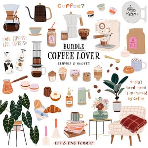 Clipart café Éléments de menu de coffeeshop. Types de cafetières d'illustration mignonne pour les amateurs de café. T-shirt avec citations logo café. Numérique PNG
