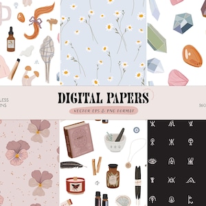 May include: Six digital paper patterns featuring various illustrations, including crystals, flowers, herbs, and mystical symbols. The patterns are seamless and come in a 12x12 inch format at 3600x3600 pixels.
