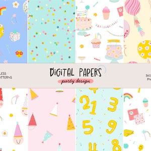 Vrolijke gelukkige verjaardag digitale papieren Feest Naadloos patroon Plakboekpapier Handgetekende textuur Digitale achtergrond Set afdrukbaar papier, png