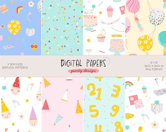 May include: Nine digital paper patterns featuring birthday party themes. The patterns include confetti, balloons, presents, cake, hats, numbers, and rainbows in a variety of colors. The patterns are 12 inches by 12 inches and are in PNG format.