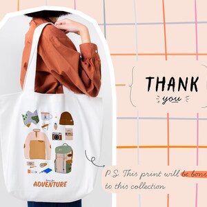 May include: White tote bag featuring a colourful illustration of camping and outdoor adventure equipment. The bag has the text "Born for Adventure" printed on it.