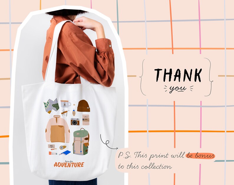 May include: White tote bag featuring a colourful illustration of camping and outdoor adventure equipment. The bag has the text "Born for Adventure" printed on it.