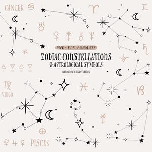 Sternzeichen Konstellationen Clipart. Sternzeichen. Handgezeichnete astrologische Symbole, himmlische Cliparts, Tattoo Planeten Zeichen, Vektor digitale PNG