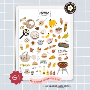 Sommer-Picknick-Aufkleber Sommer Essen Digitale GoodNotes Aufkleber Sommer Menü Cafe Obst Grill Kuchen Eis Süßigkeiten Kuchen Ei Sublimation PNG