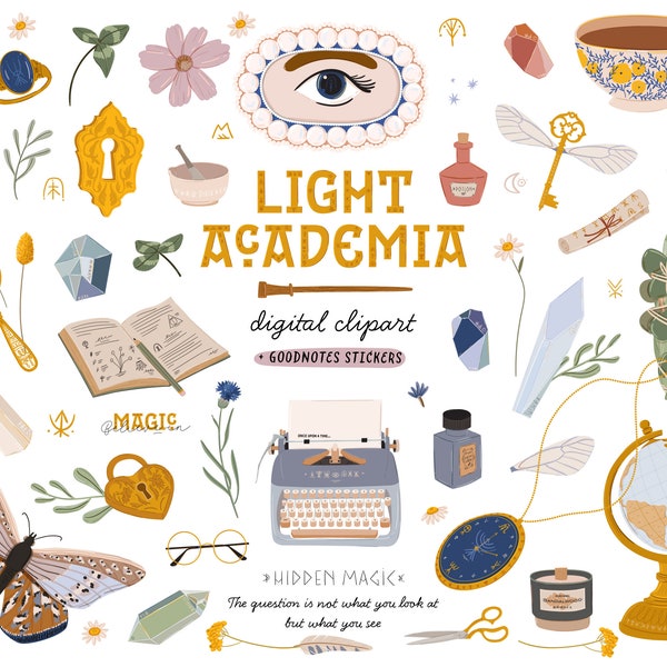 Light Academia Clipart Mystery GoodNotes stickers Magic illustration Witch Dark Academia: candle book crystal potion. Digital Sticker PNG