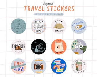Travel and Camping Stickers Summer Camping stickers Digital Travel Round Stickers Clipart Outdoor Adventure Branding Design Stickers PNG SVG