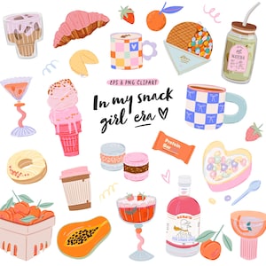 May include: A collection of colorful, illustrated food and drink items, including a croissant, ice cream cone, coffee cup, and a bottle of pink lemonade. The text "In my snack girl era" is also included.