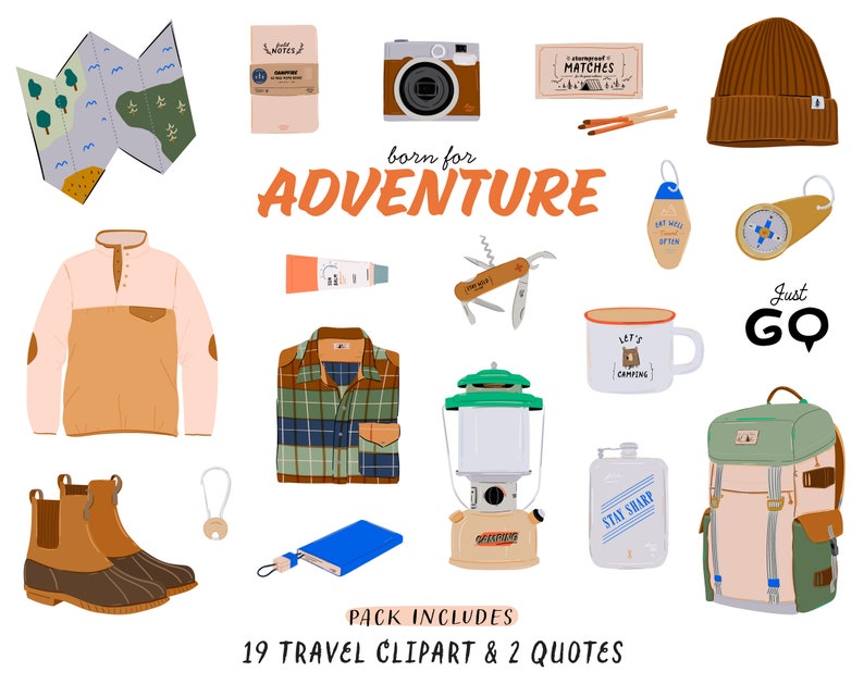 May include: A set of 19 travel-themed clipart illustrations and 2 quotes. The illustrations include a map, a compass, a flashlight, a mug, a backpack, a beanie, a sweater, a plaid shirt, a pair of boots, a pocket knife, a matchbox, a tube of sunscreen, a bottle of water, and a key chain. The quotes are "born for adventure" and "just go".