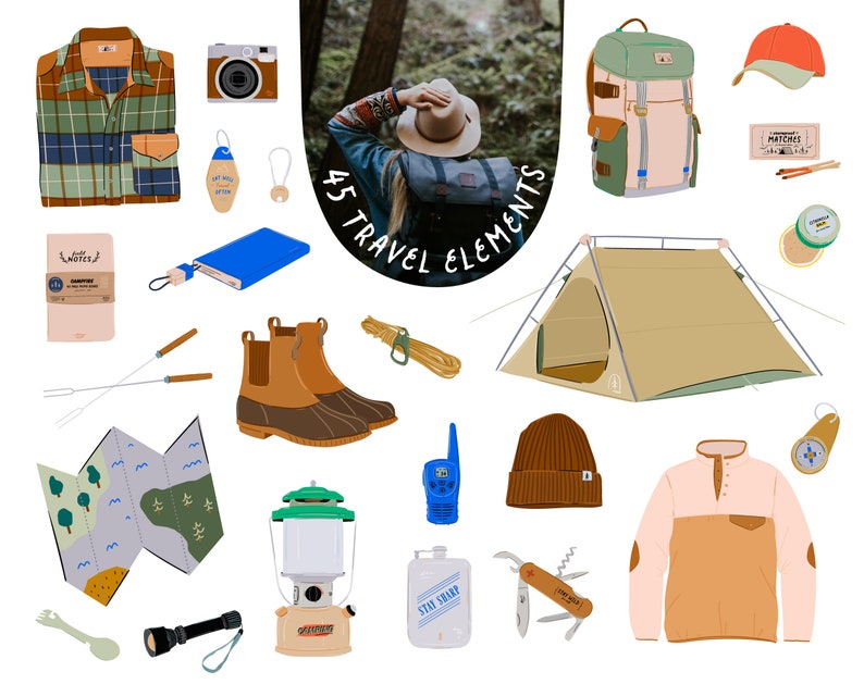 Travel and Camping digital Clipart, Summer travel GoodNotes stickers, Travel Essentials, Outdoor adventure illustration Planner stickers PNG image 5