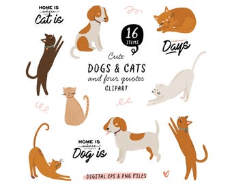 Cute Dog Clipart & Cat Clipart. Dog Quotes, Cartoon Dog Funny Pet Clipart, Jack Russell. Home Is Where Your Dog is. Digital Animals PNG