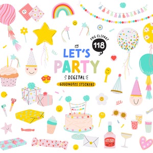 Pacchetto di clipart per feste, adesivi digitali PNG per compleanni, grafica per celebrazioni, articoli per feste: torte, candele, palloncini, regali. Adesivi GoodNotes
