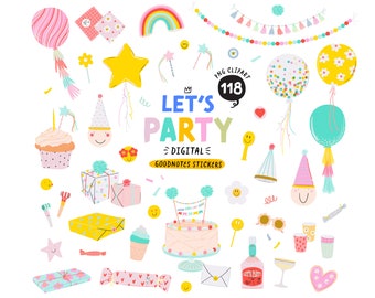 Party Clipart Bundle, PNG Digital Birthday Stickers, Celebration Graphics, Party supplies: Cake Candle Balloons Gifts. GoodNotes stickers