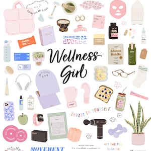 Op de afbeelding: Digitale illustratie van een wellness set met diverse items. Inclusief een roze tas, jade roller, gezichtsmasker, boek, eiwitreep, koptelefoon, dumbbells en de tekst "Wellness Girl".